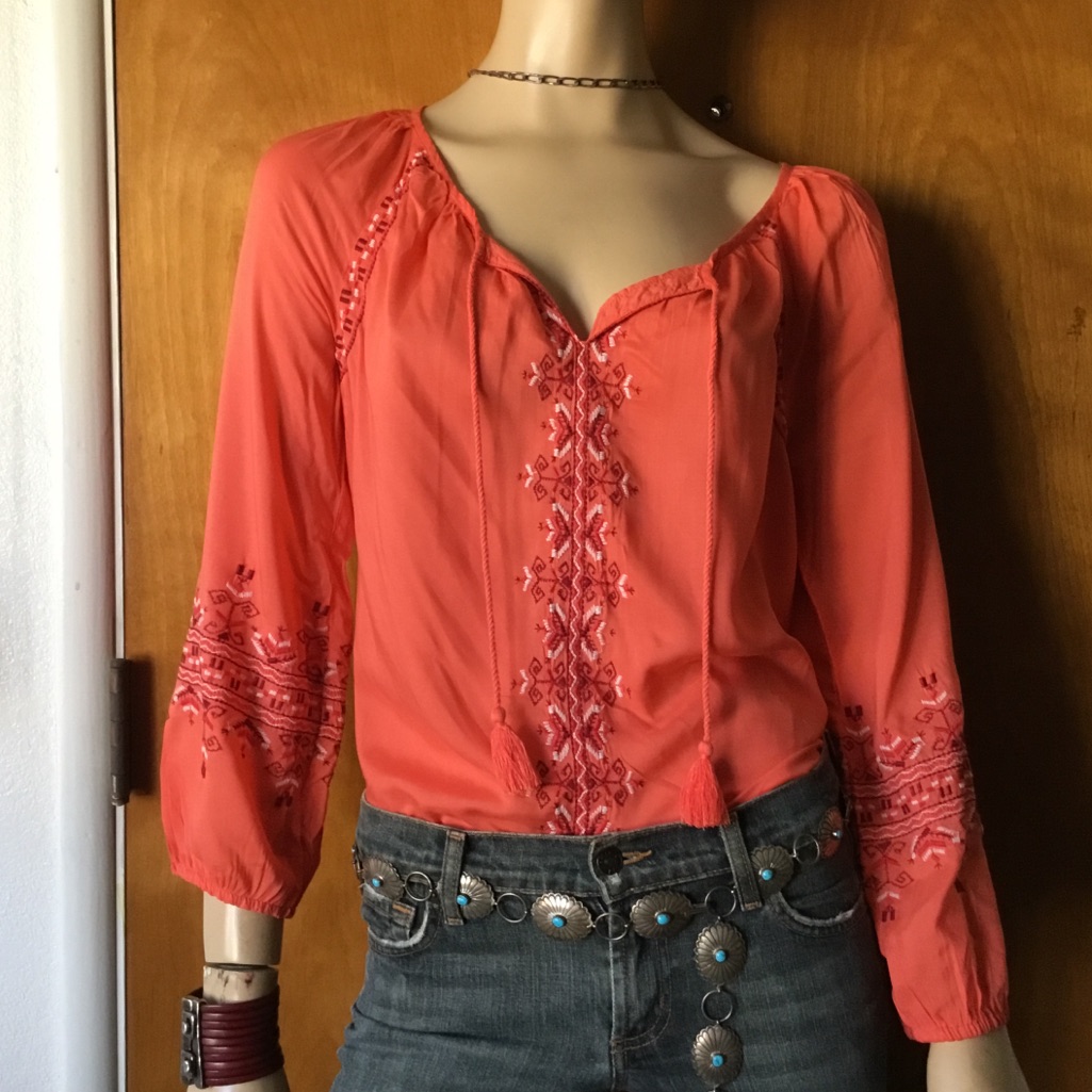 Lucky Brand Embroidered 70s Inspired Blouse Top